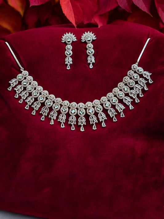 Glamorous Diamante Necklace Set with Earrings, Floral Design, Silver Tone