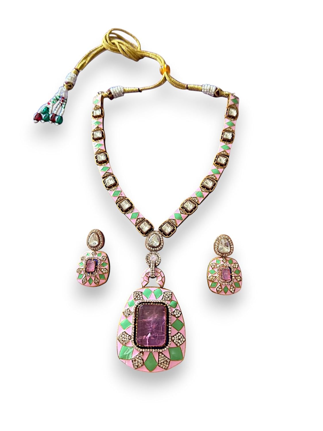 Pastel Pink Majesty Meenakari Long Pendant Set