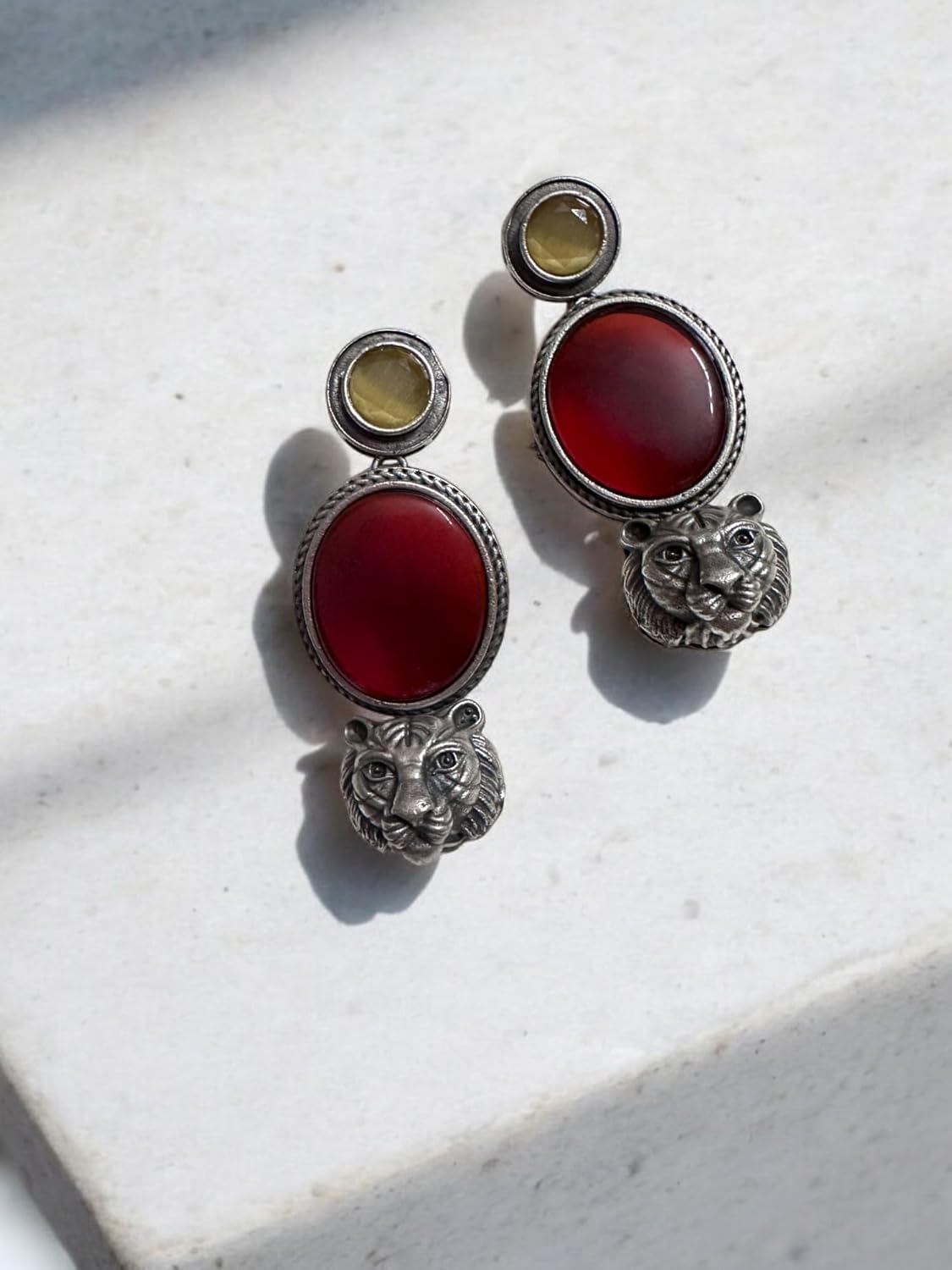 Vintage Style Jewelry Set with Lion Charm, Ruby Red and Yellow Stones and Matching Earrings