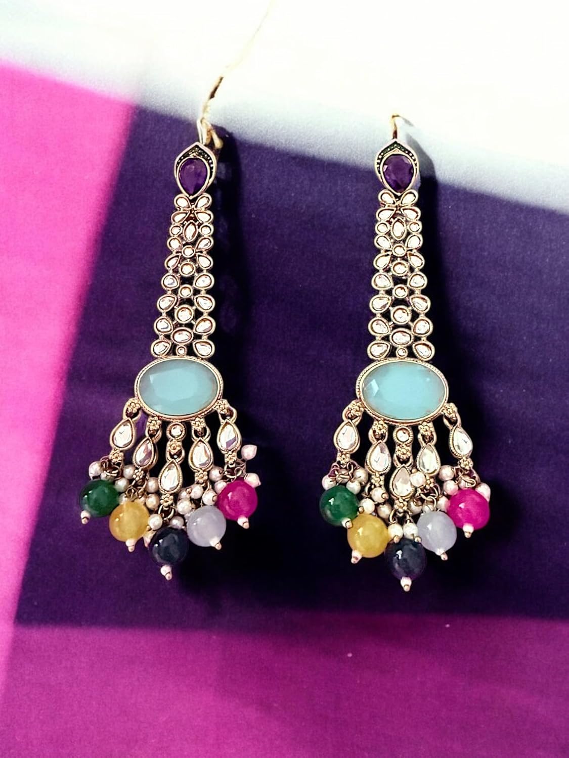 Multicolor Beaded Long Kundan Earrings with Blue