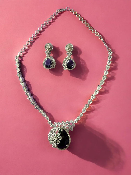 Rebekah Rhodium Plated Purple Cubic Zircon Studded Necklace Set