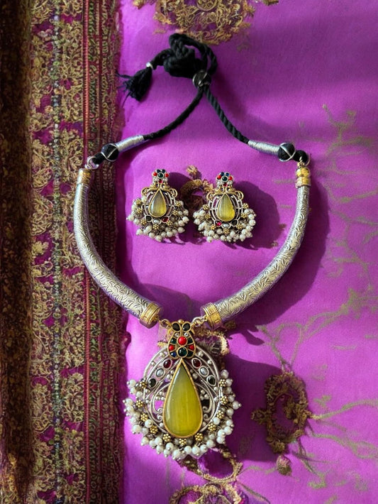 Rebekah Ethnic Flexible Hasli Set with Yellow Teardrop Pendant