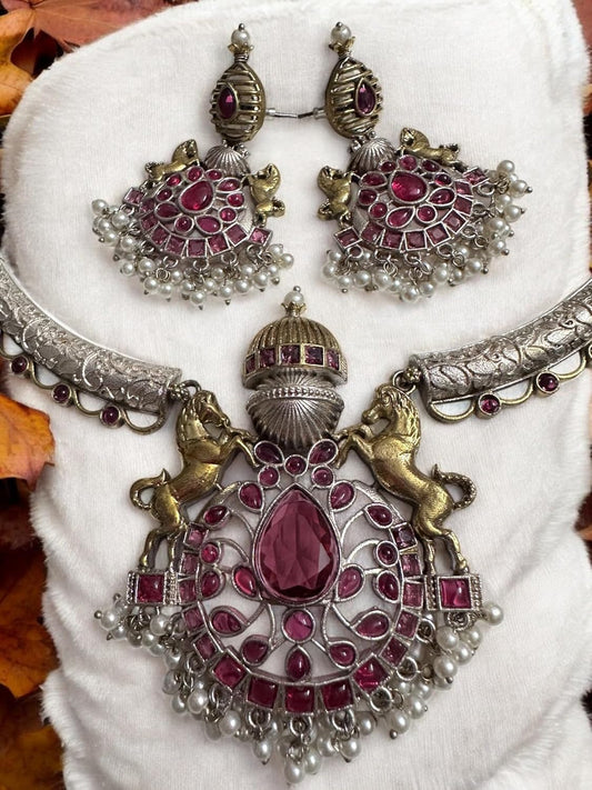 Vintage Style Ruby Red Gemstone Necklace and Earrings Set, Pearl Accents