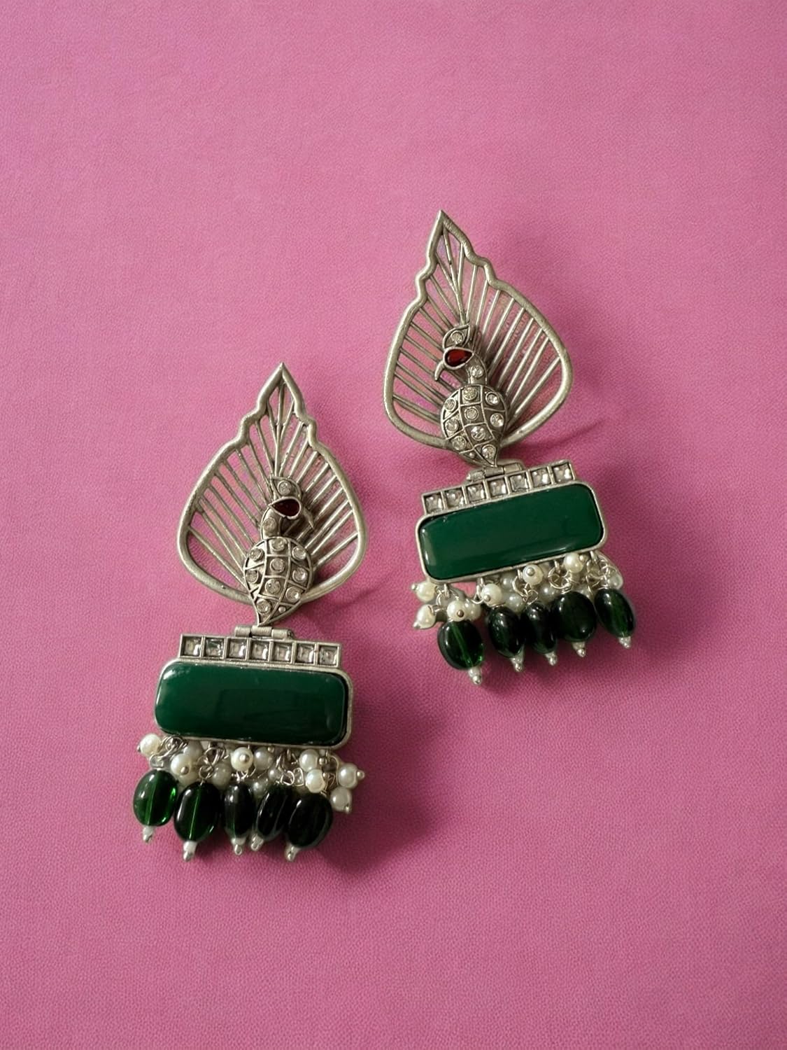 Silver Leaf & Green Gem Danglers