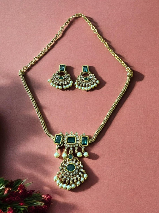 Rebekah Gold Plated Green Cubic Zircon Studded Jewellery Set