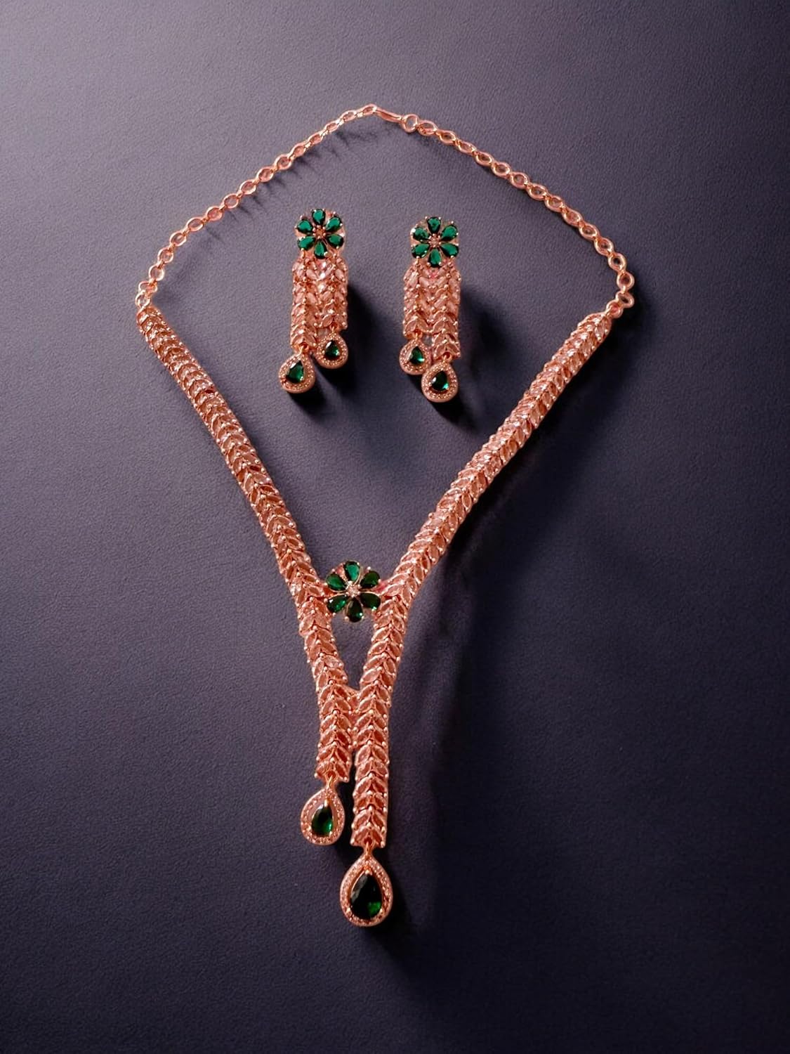 Rebekah Gold-Plated CZ Necklace Set with Floral Green Accents and Tear-Drop Danglers