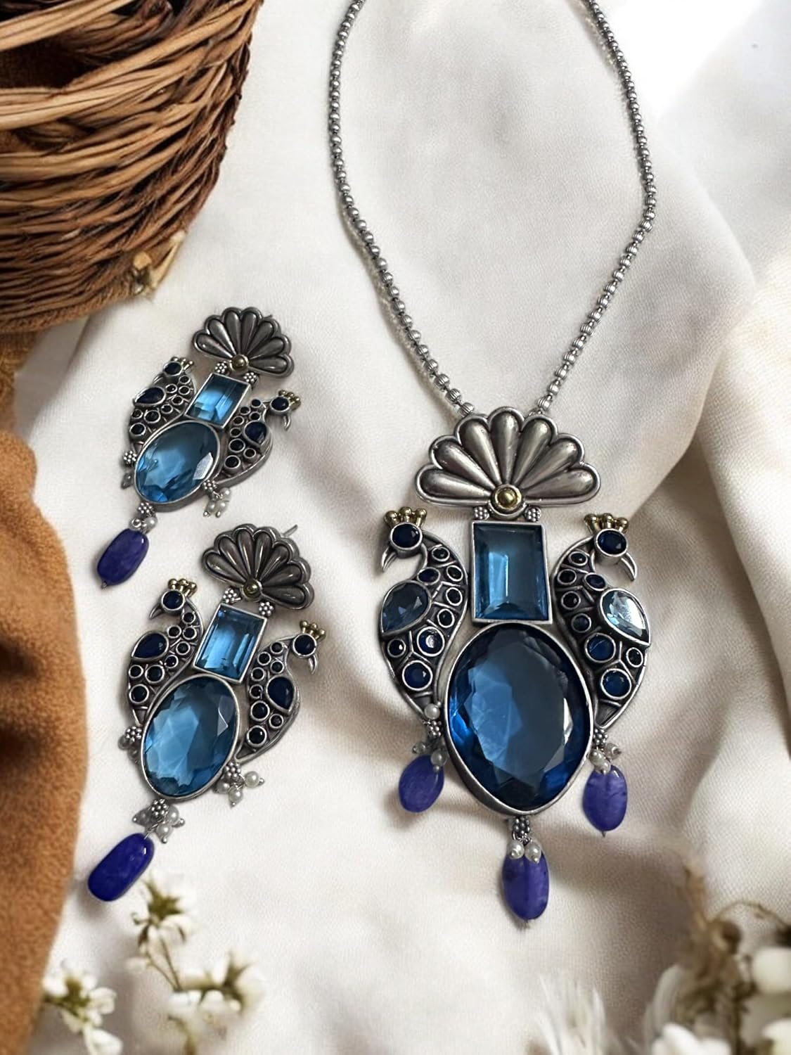 Vintage Style Peacock Jewelry Set, Blue Crystal Necklace and Earrings, Antique Silver Finish