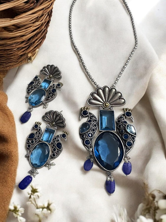 Vintage Style Peacock Jewelry Set, Blue Crystal Necklace and Earrings, Antique Silver Finish