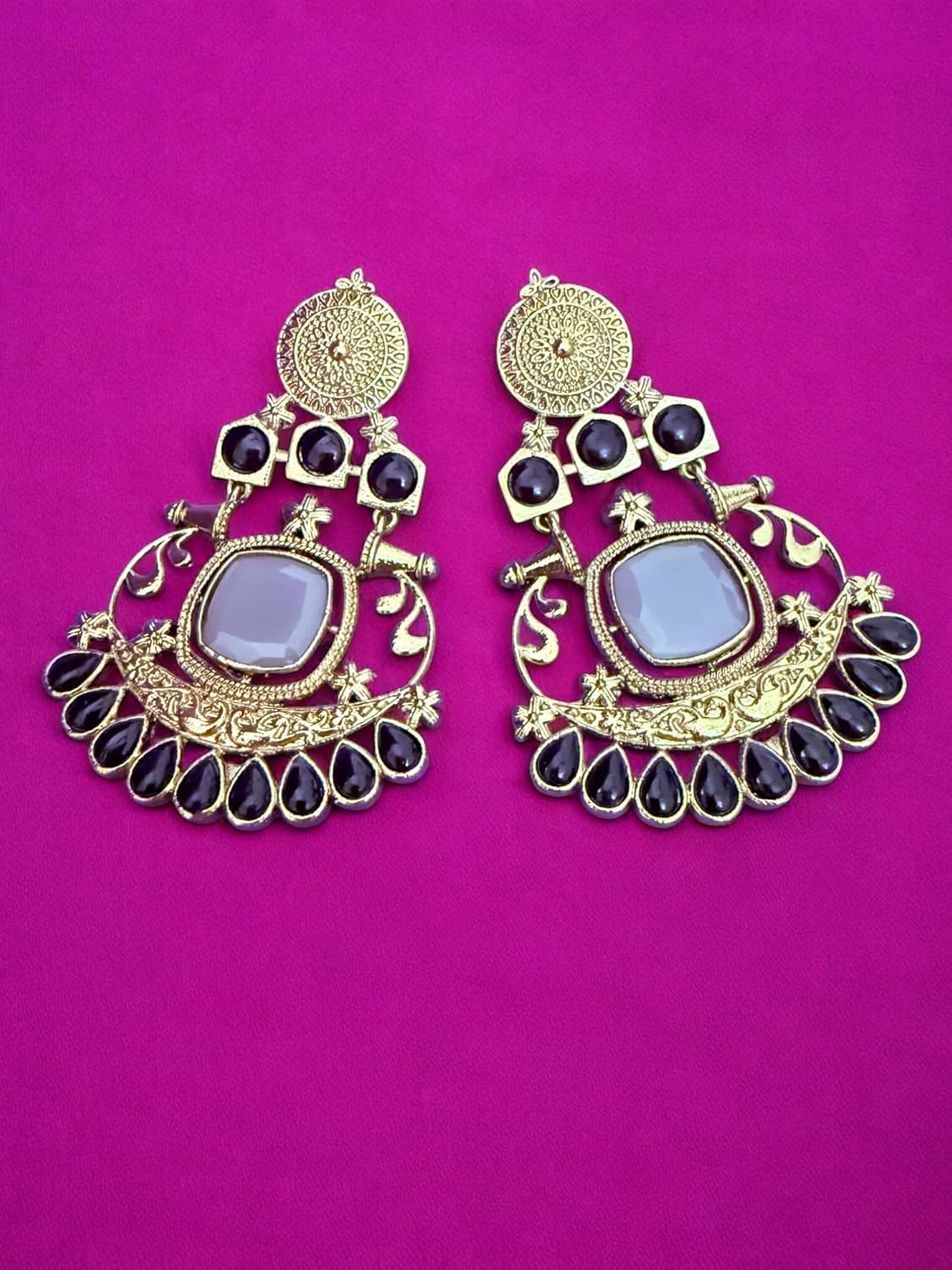 Designer Black Chandbali Earrings with Antique Gold Finish