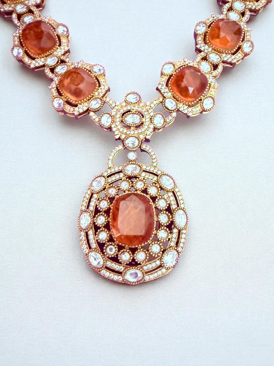 Rebekah Heritage Kundan Statement Necklace Set with Orange Hydro & Pearls