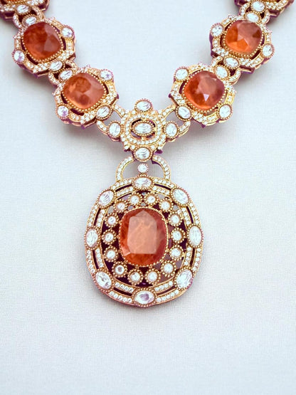 Rebekah Heritage Kundan Statement Necklace Set with Orange Hydro & Pearls