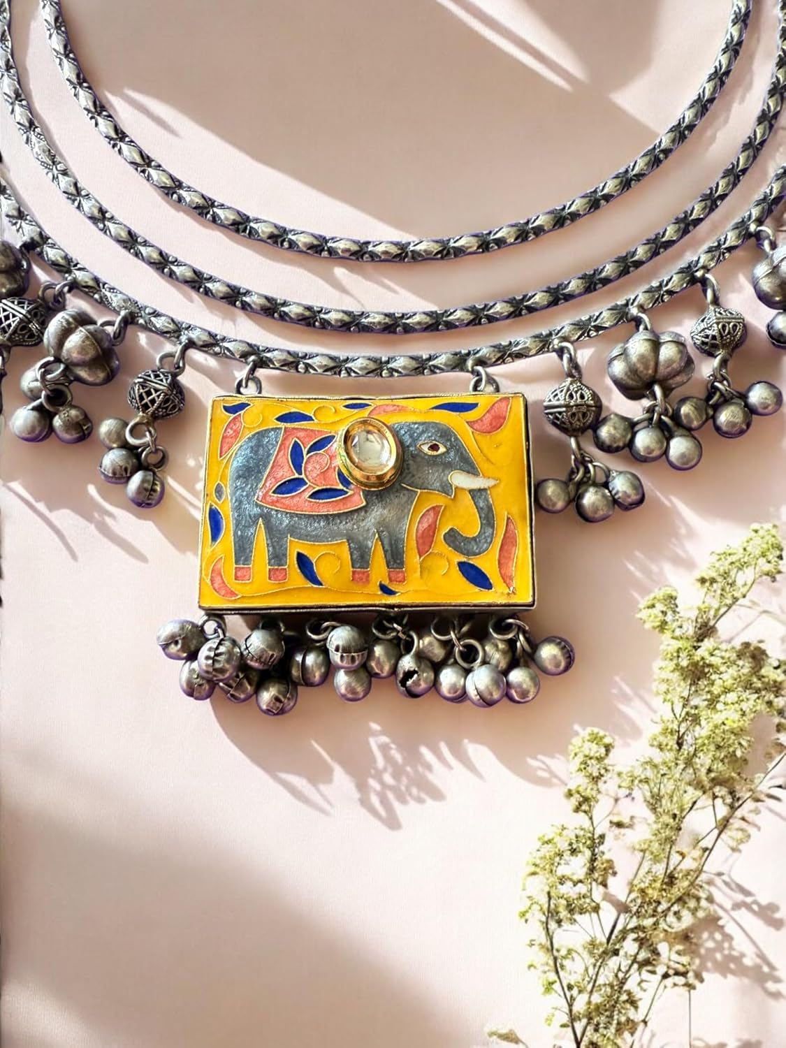 Rebekah Tribal Charm Oxidized Necklace Set with Elephant Motif