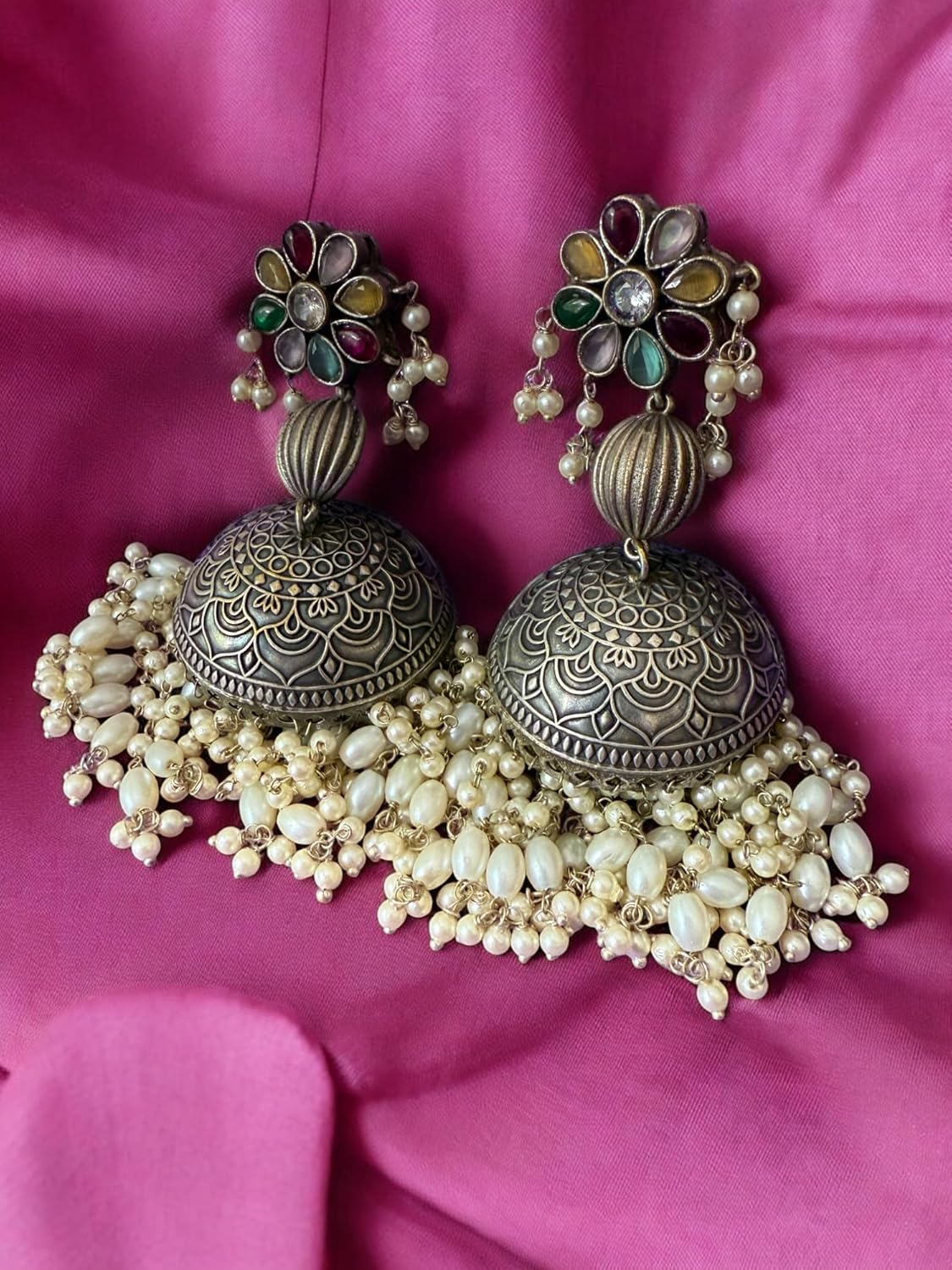 Multi Pearl Strands Dome Jhumka Earrings