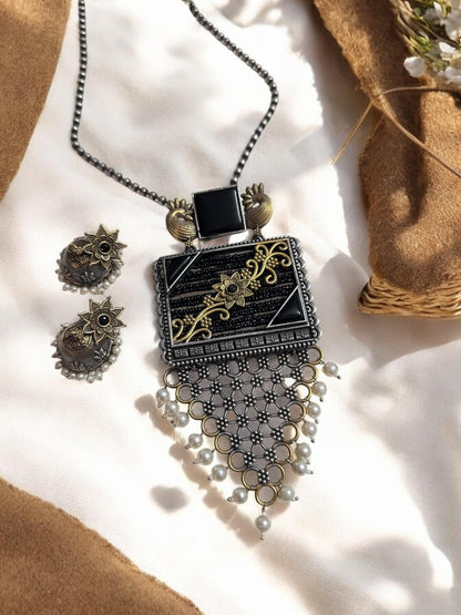 Vintage Style Pearl Necklace Set, Antique Bronze Pendant with Yellow Strings Traditional Jhumka Earrings