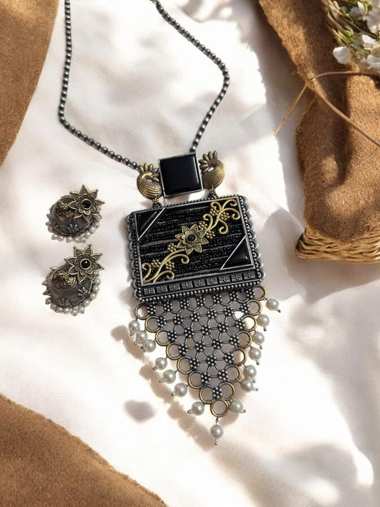 Vintage Style Pearl Necklace Set, Antique Bronze Pendant with Yellow Strings Traditional Jhumka Earrings