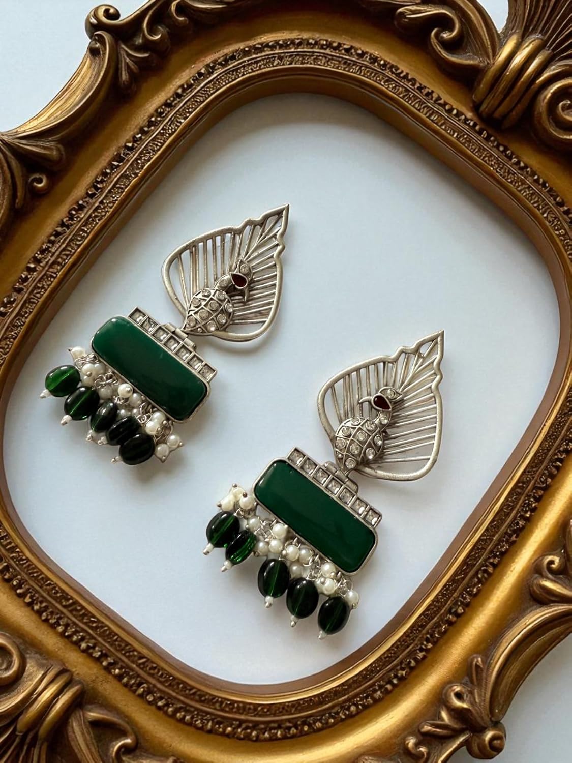 Silver Leaf & Green Gem Danglers