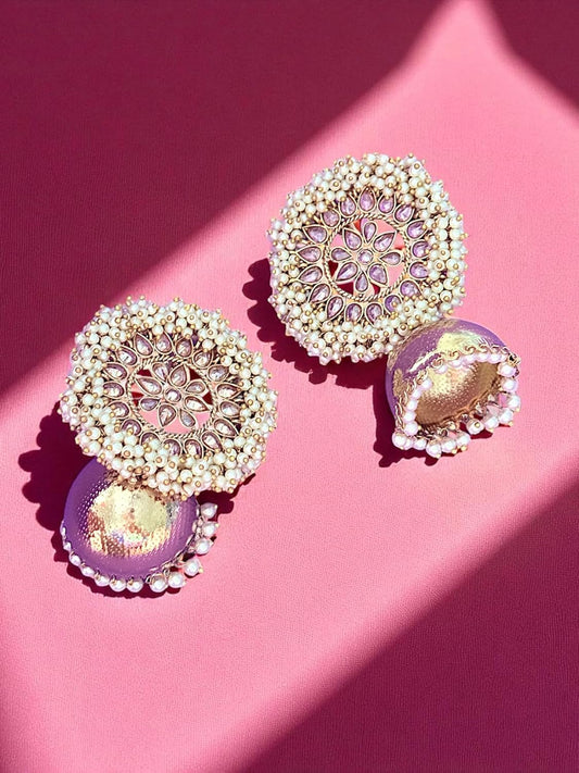 Floral Kundan Round Jhumka Earrings with Pearl Detailing