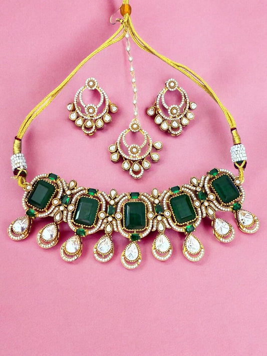 Rebekah Emerald Elegance Kundan Encrusted Bridal Choker Set with Maangtika
