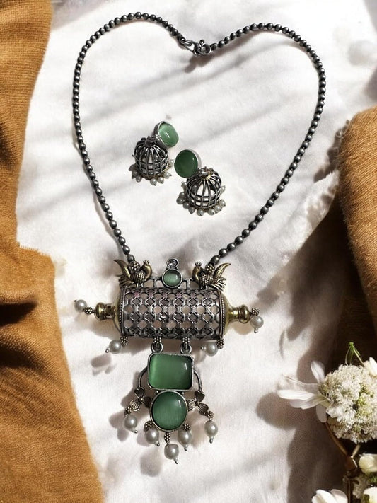Vintage Style Pendant Necklace Set with Green Stones, Pearl Beads, Antique Metal Cage Design, Matching Jhumka Earrings
