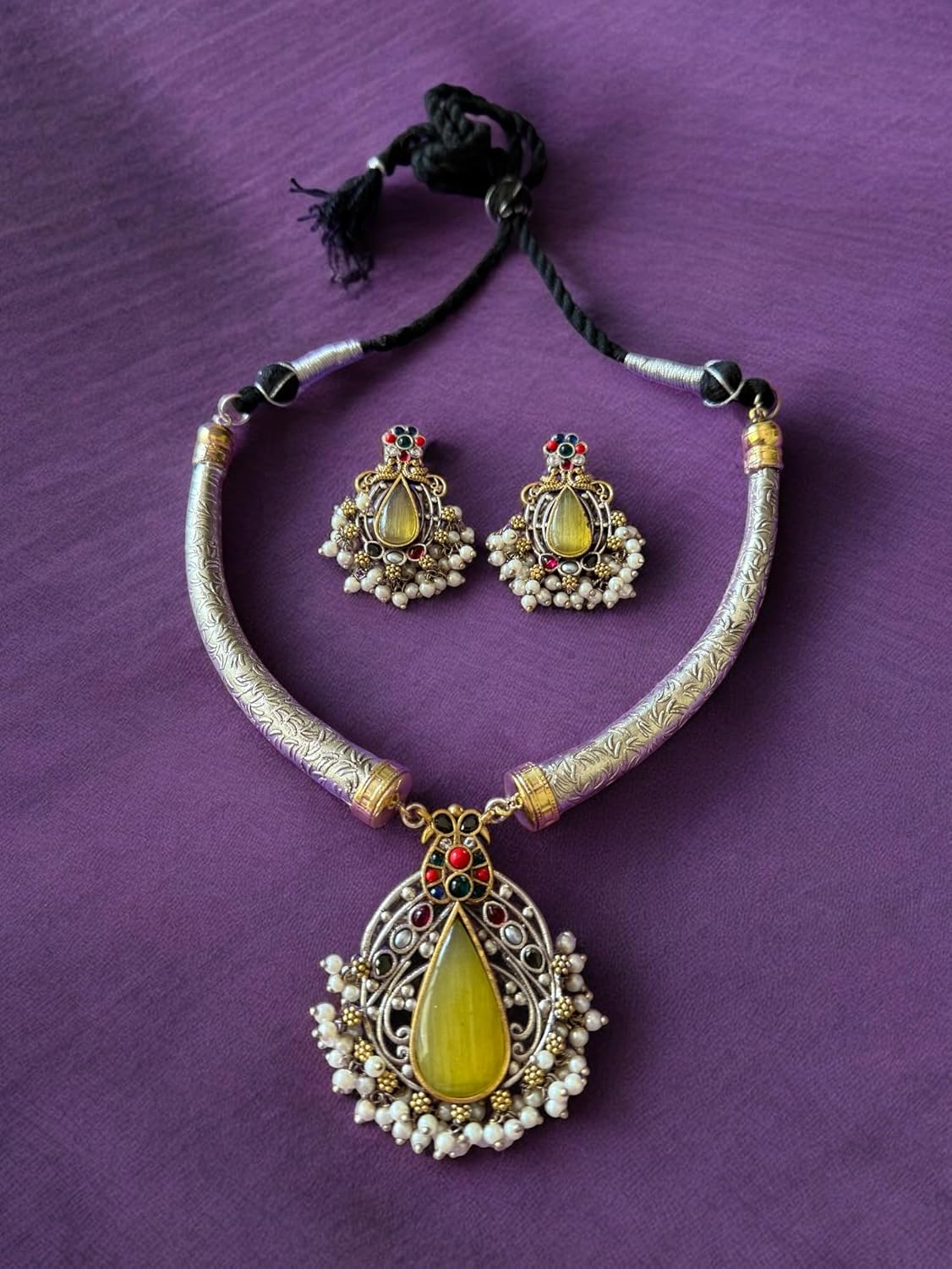 Rebekah Ethnic Flexible Hasli Set with Yellow Teardrop Pendant