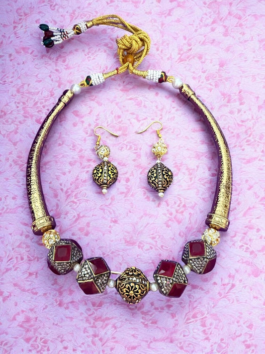 Regal Ruby Beaded and Encrusted Flexible Hasli Set