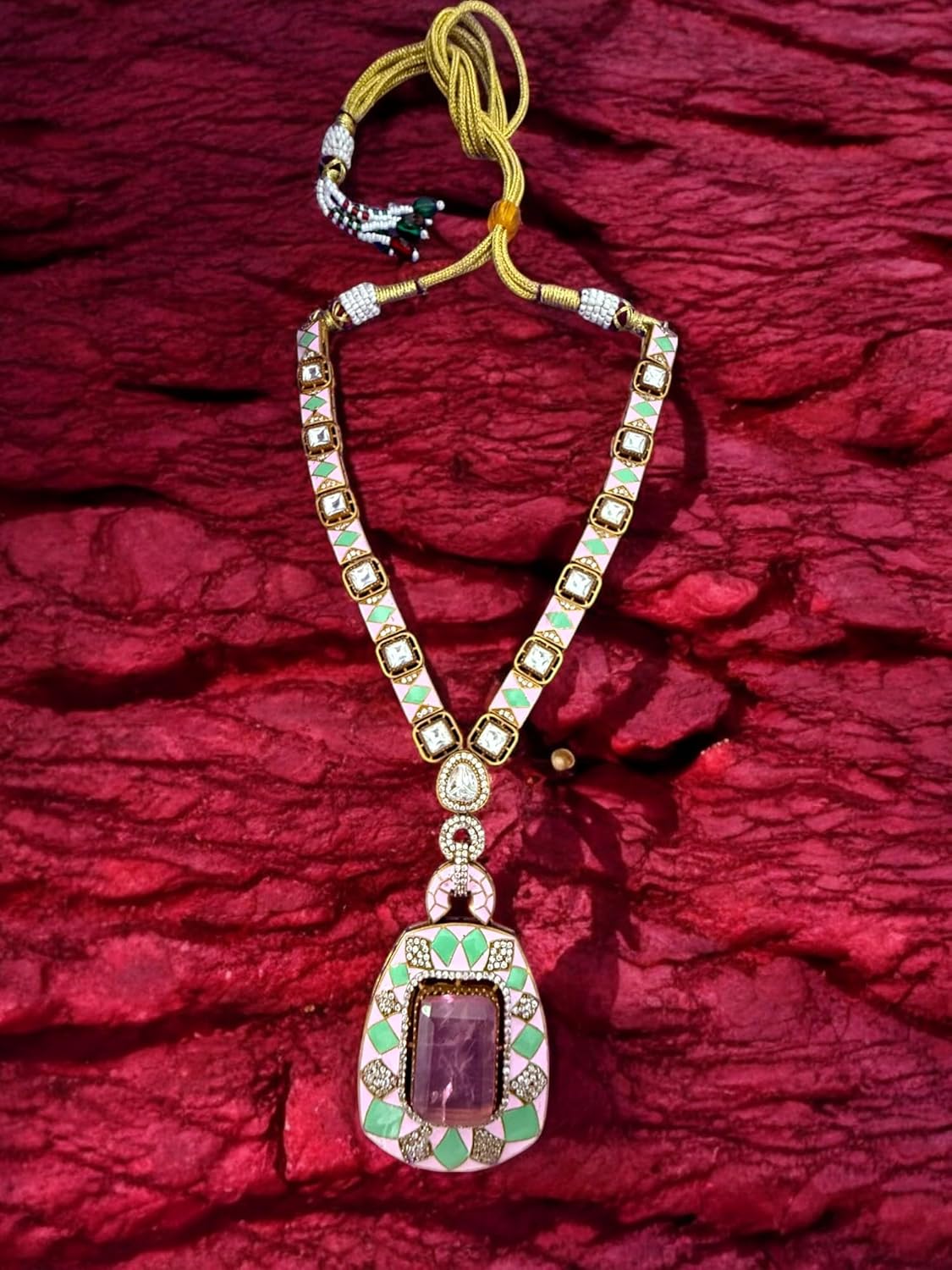 Pastel Pink Majesty Meenakari Long Pendant Set