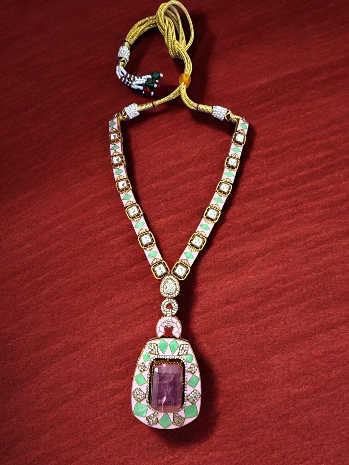 Pastel Pink Majesty Meenakari Long Pendant Set