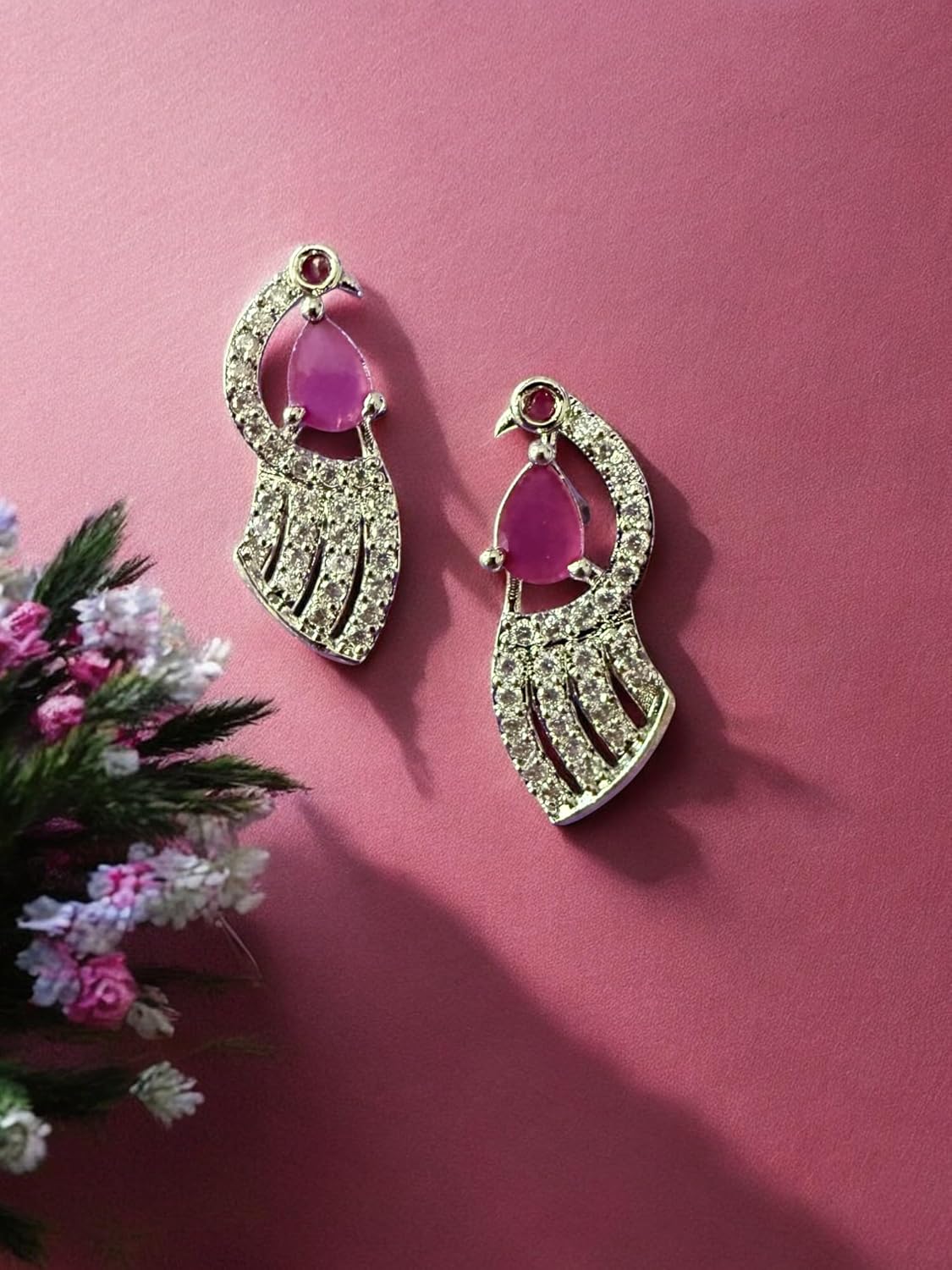 Rebekah Rhodium Plated Pink Cubic Zircon Studded Necklace Set