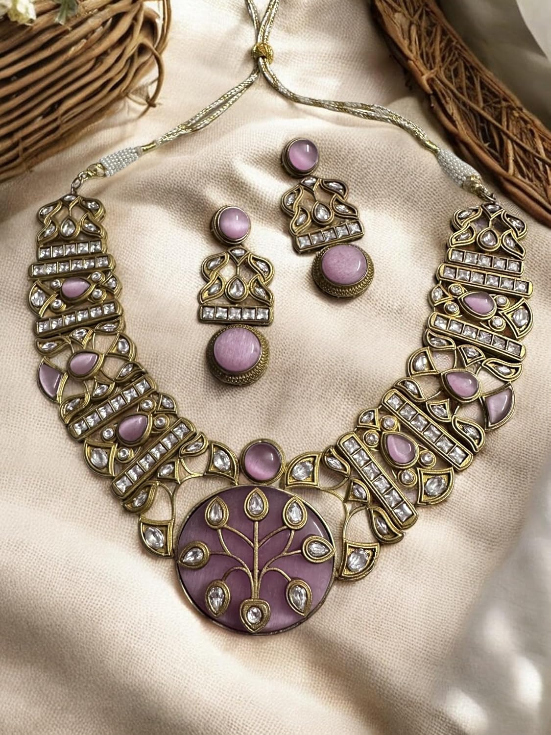 Vintage Style Multi-Gemstone Necklace and Earring Set, Antique Gold Finish, Yellow Jade Centre Medallion