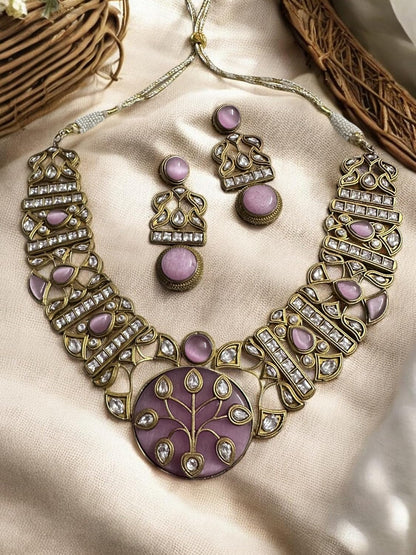 Vintage Style Multi-Gemstone Necklace and Earring Set, Antique Gold Finish, Yellow Jade Centre Medallion