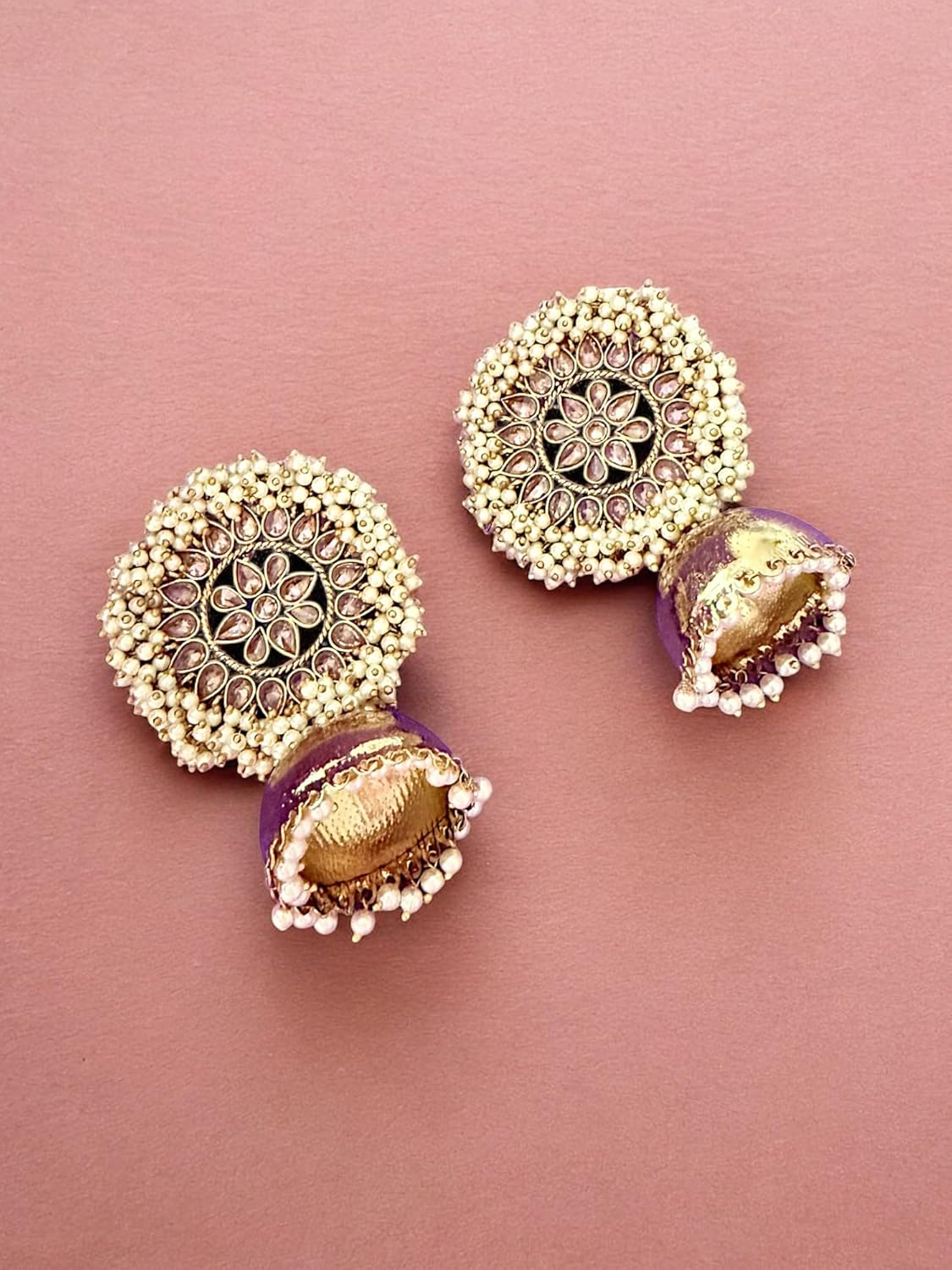 Floral Kundan Round Jhumka Earrings with Pearl Detailing