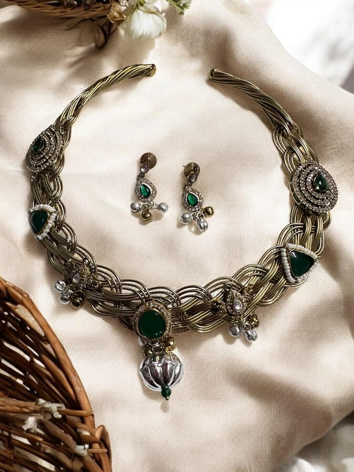 Vintage Style Choker Necklace and Earring Set, Green Gemstones, Crystal Accents