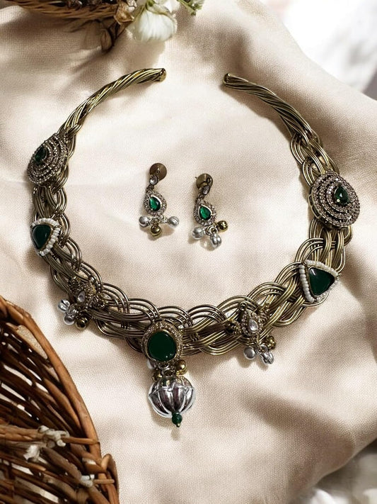 Vintage Style Choker Necklace and Earring Set, Green Gemstones, Crystal Accents