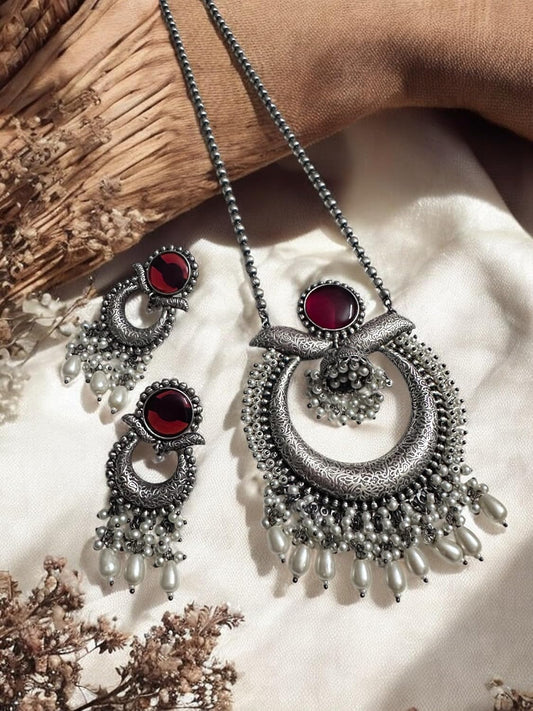 Oxidised Chandbaali Necklace Set with Red Stone and Pearl Drops, Traditional Indian Jewellery