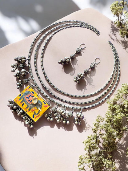 Rebekah Tribal Charm Oxidized Necklace Set with Elephant Motif