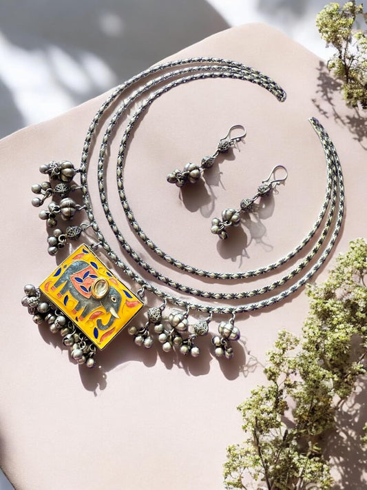 Rebekah Tribal Charm Oxidized Necklace Set with Elephant Motif
