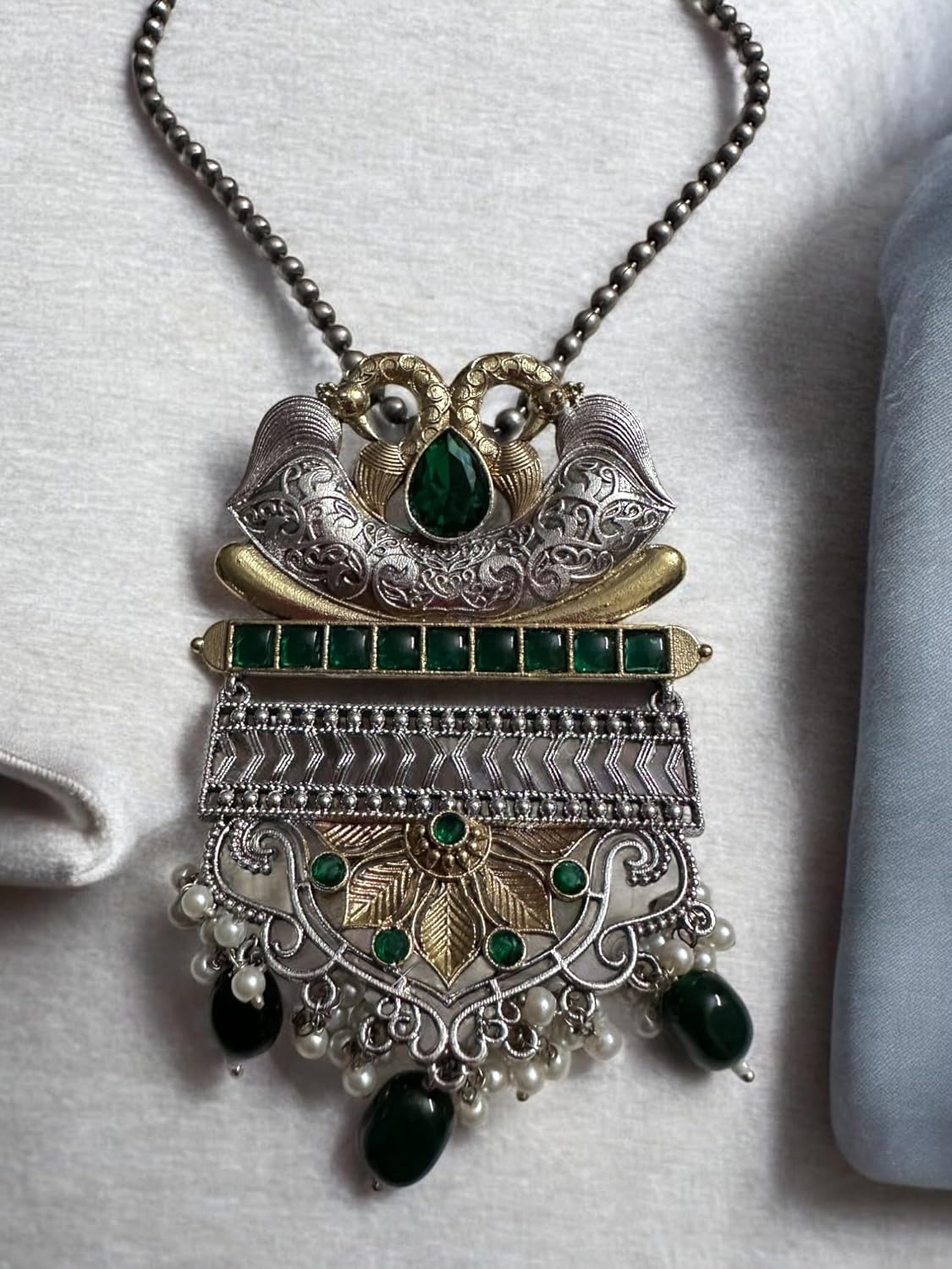 Antique Style Pendant Necklace and Earring Set, Green Gemstones, Dual-Tone Metal with Pearl Accents
