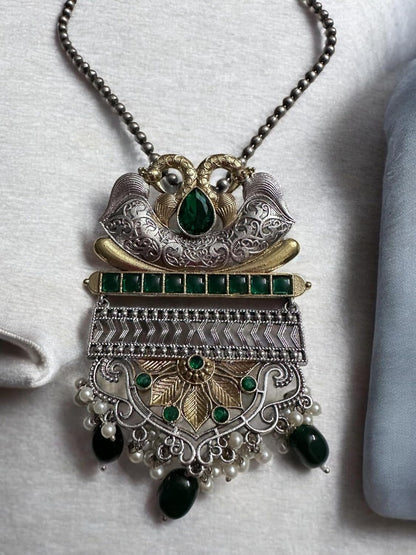 Antique Style Pendant Necklace and Earring Set, Green Gemstones, Dual-Tone Metal with Pearl Accents