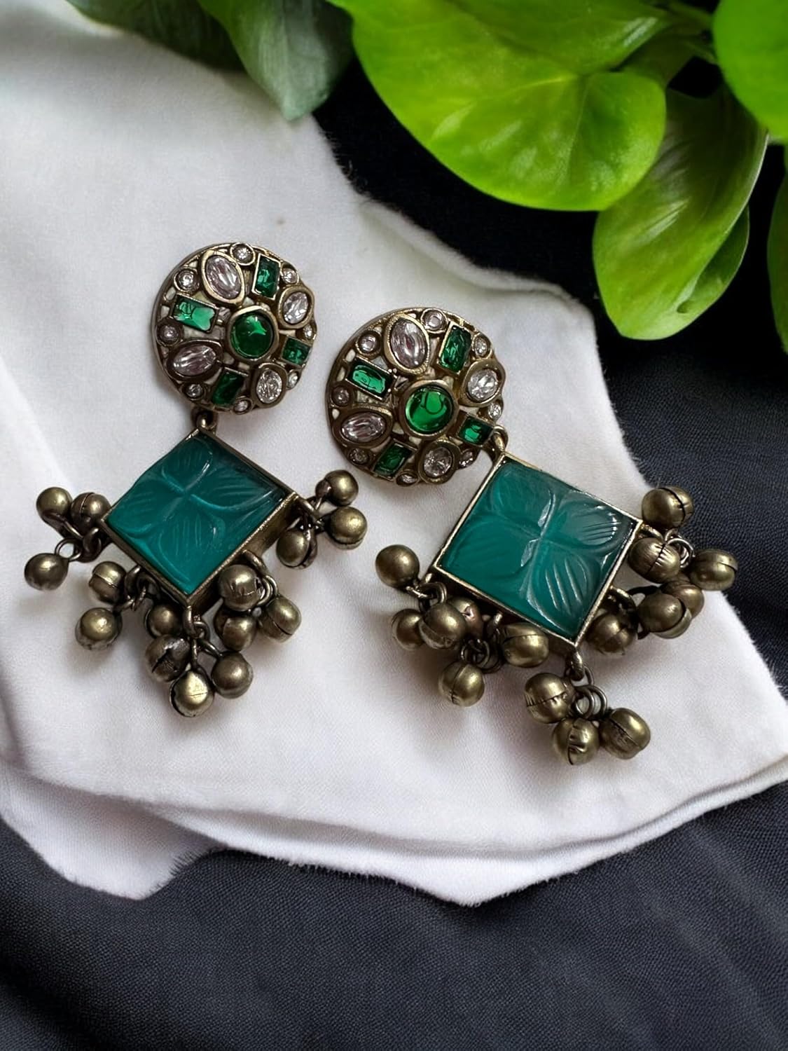 Vintage Style Necklace and Earring Set, Carved Turquoise Square Pendant, Crystal and Emerald Green Stones, Antique Bronze