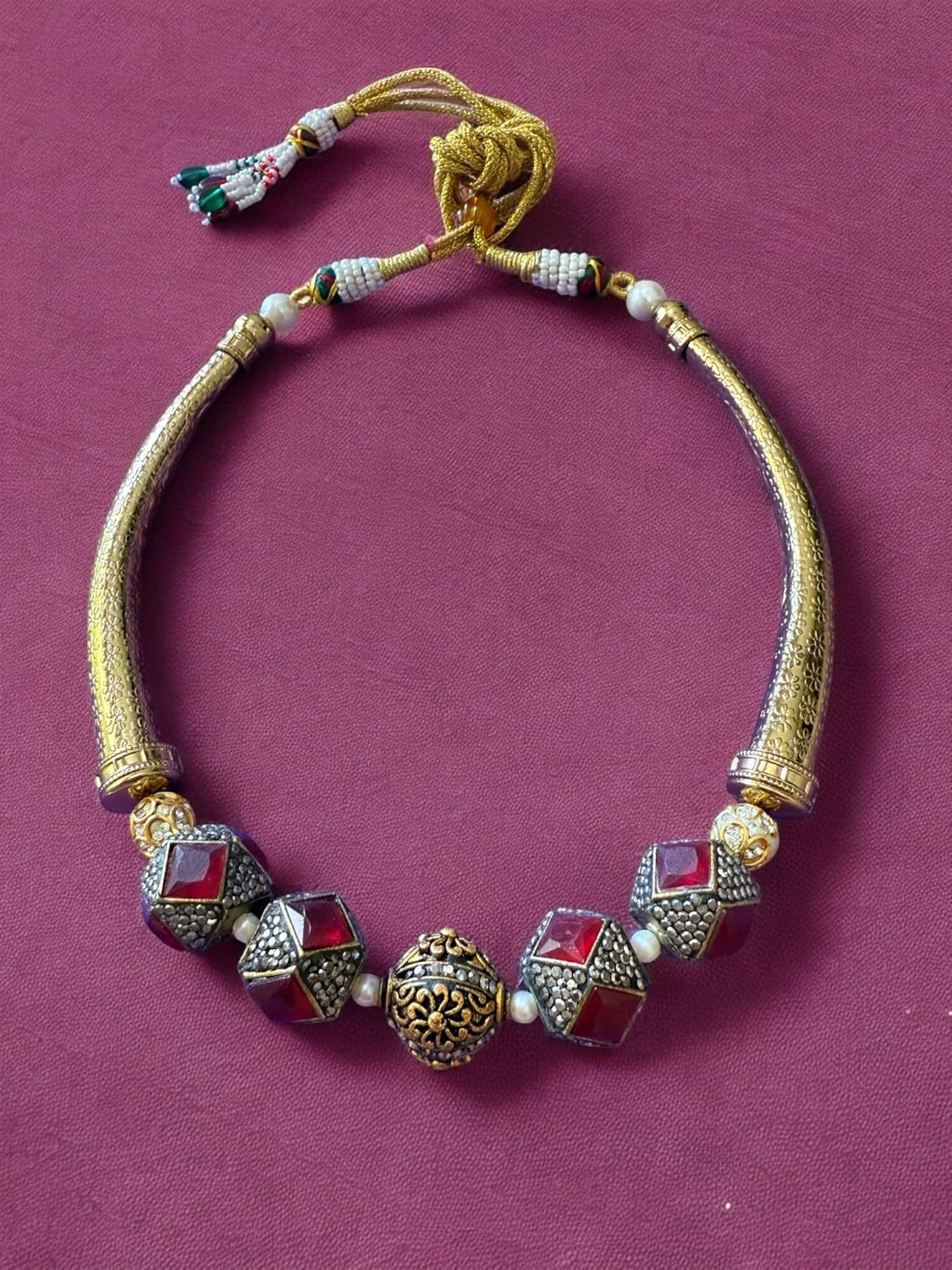 Regal Ruby Beaded and Encrusted Flexible Hasli Set