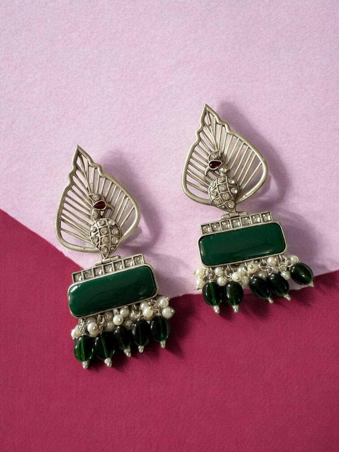 Silver Leaf & Green Gem Danglers