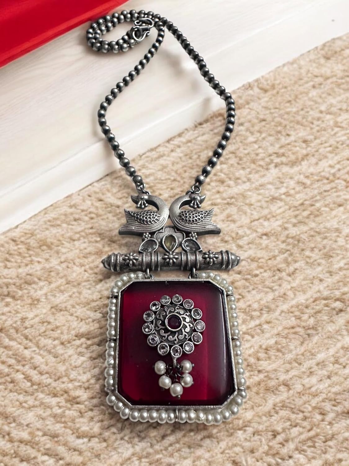 Vintage Style Peacock Pendant Necklace Set, Oxidised Silver, Burgundy Glass, Pearl Beading