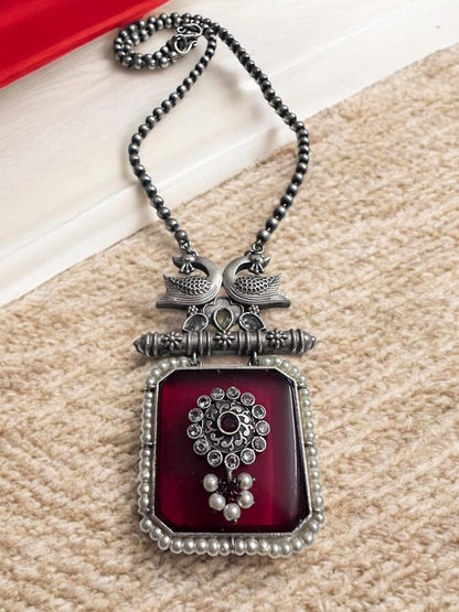 Vintage Style Peacock Pendant Necklace Set, Oxidised Silver, Burgundy Glass, Pearl Beading