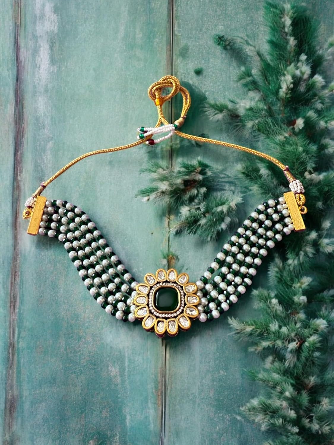 Rebekah Emerald Grace Kundan Pearl Choker Set