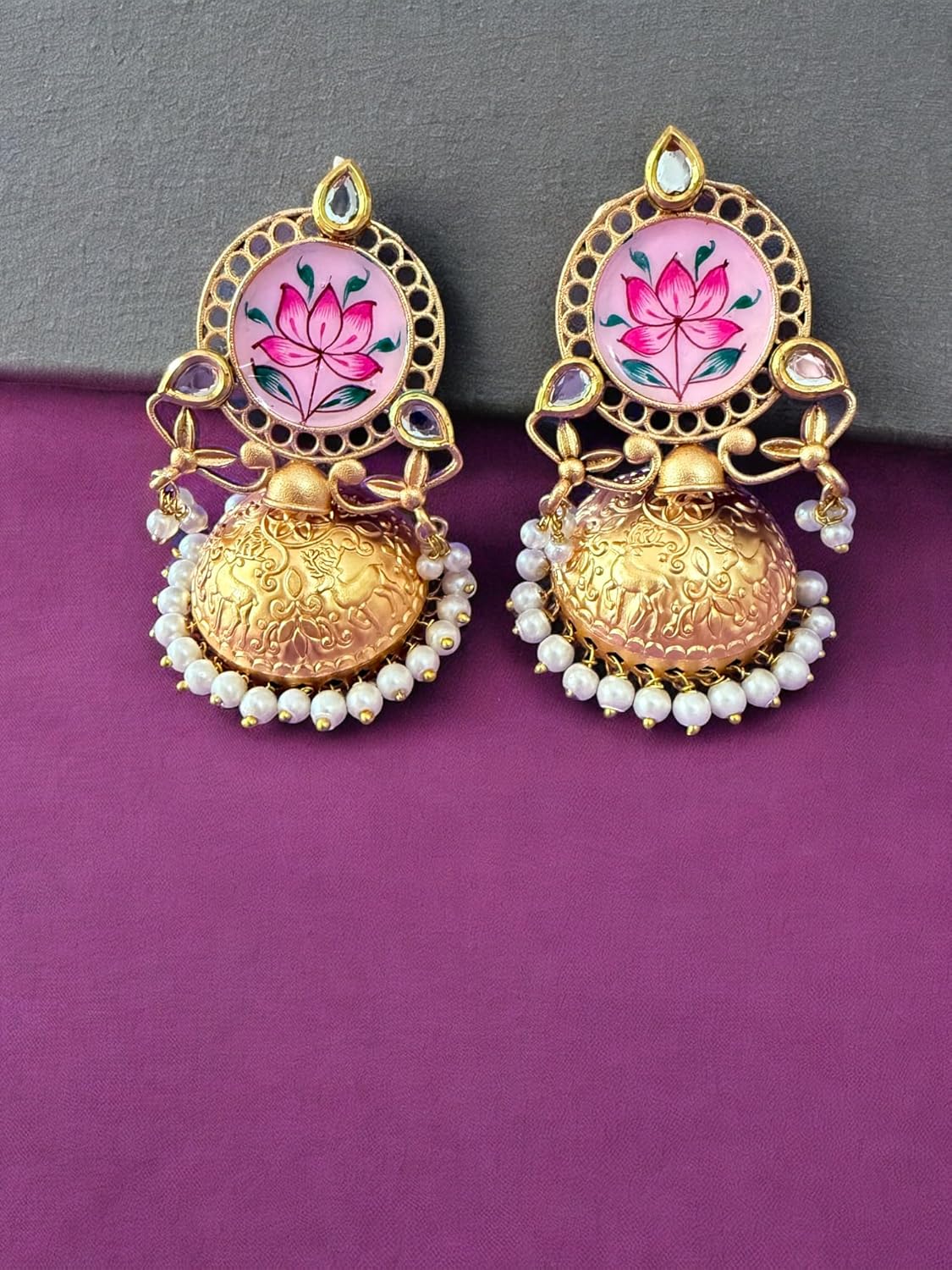Lotus Bloom Meenakari Jhumka Earrings with Kundan Detailing and Pearl Accents