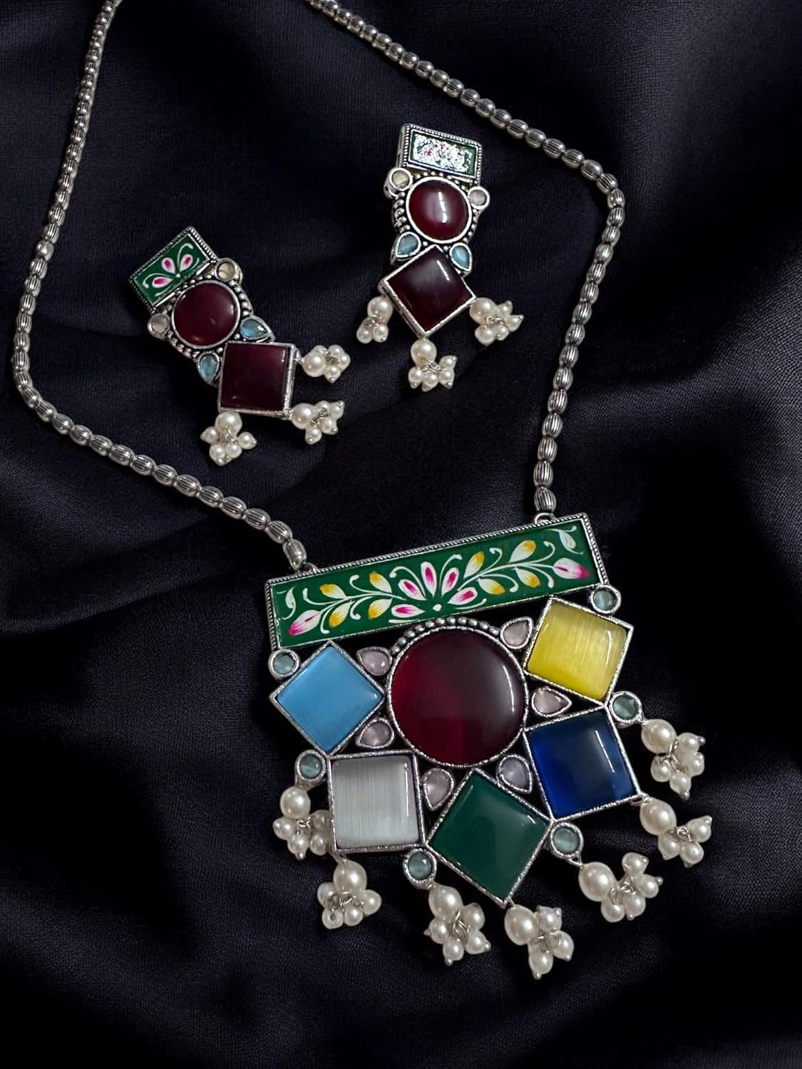 Handcrafted Multicolour Enamel Jewellery Set, Floral Design Pendant Necklace with Matching Earrings, Pearl Drops