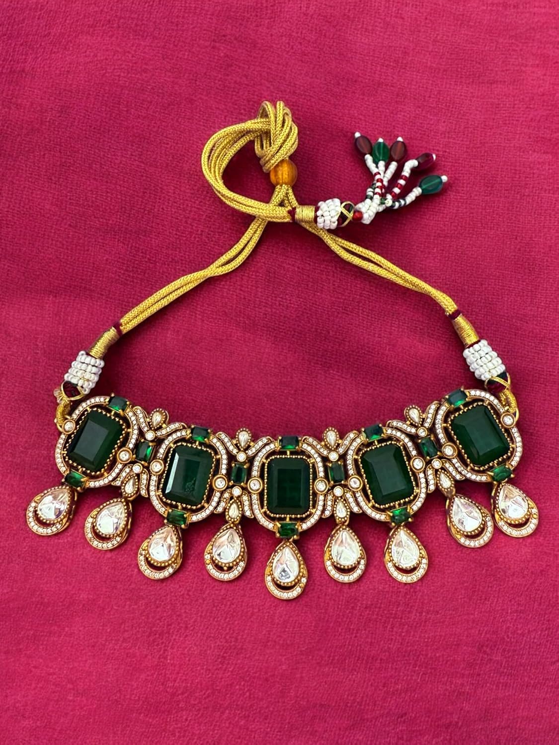 Rebekah Emerald Elegance Kundan Encrusted Bridal Choker Set with Maangtika