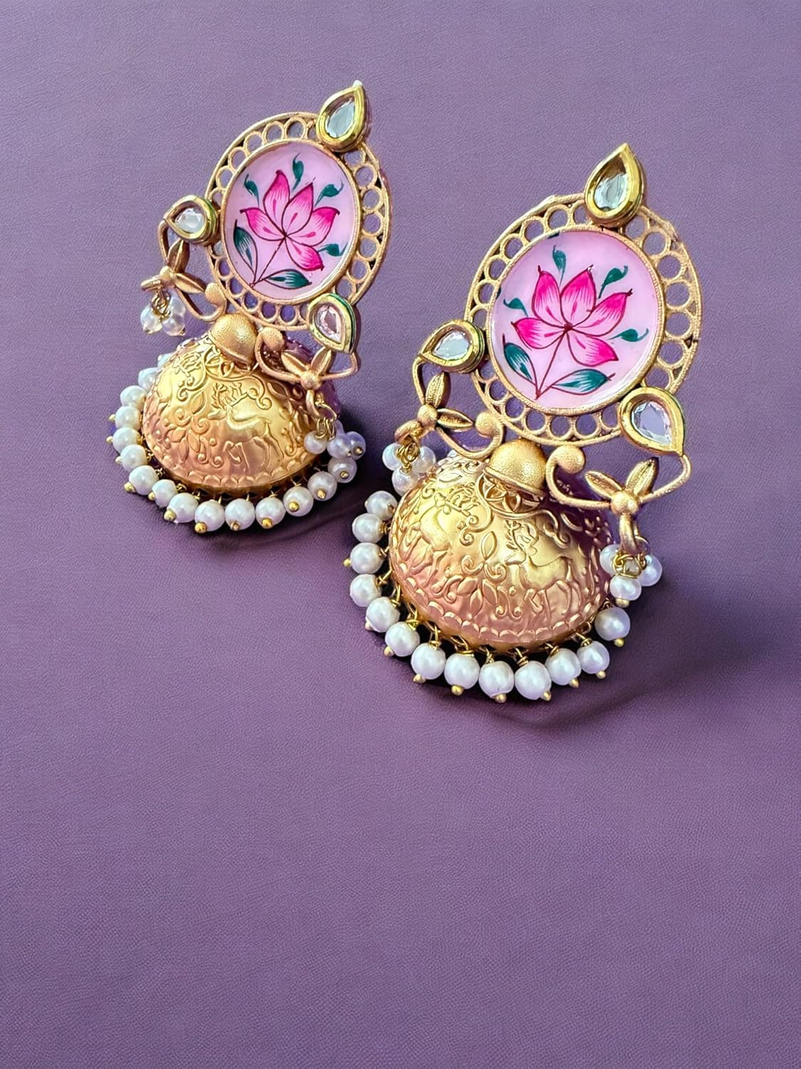 Lotus Bloom Meenakari Jhumka Earrings with Kundan Detailing and Pearl Accents