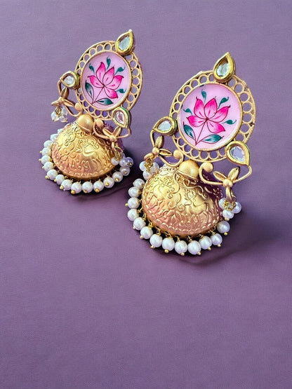 Lotus Bloom Meenakari Jhumka Earrings with Kundan Detailing and Pearl Accents
