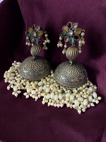 Multi Pearl Strands Dome Jhumka Earrings